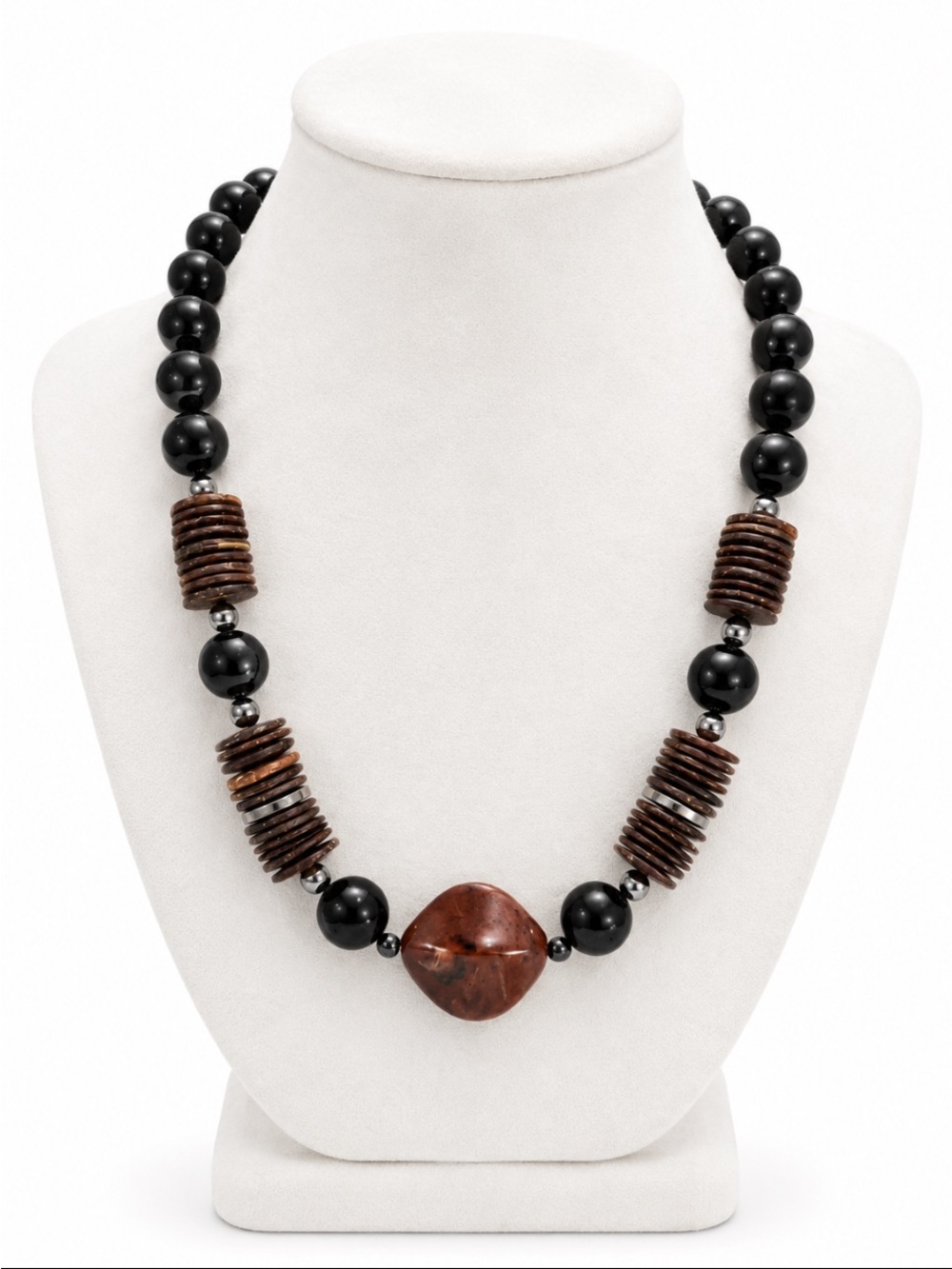 Boho Black Beaded Statement Necklace with Brown Disc & Stone Accent